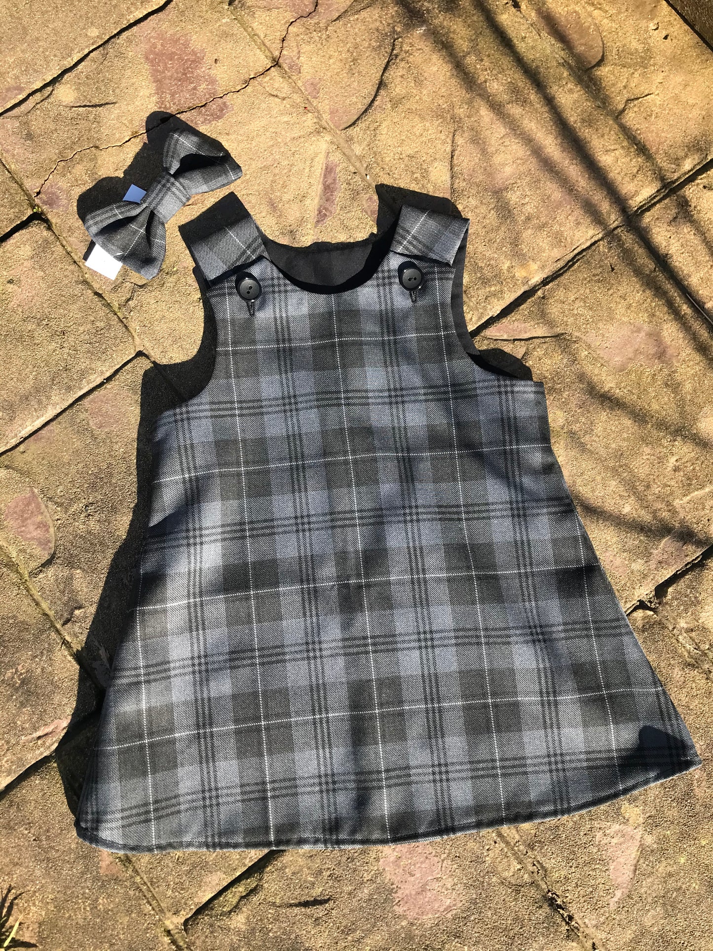 Grey Granite Tartan, Pinafore and Hair Bow Set