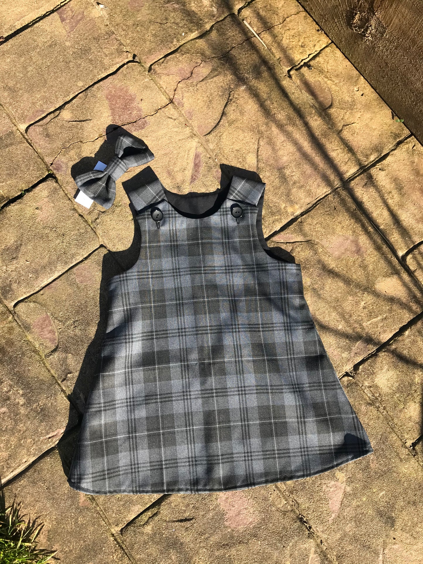 Grey Granite Tartan, Pinafore and Hair Bow Set