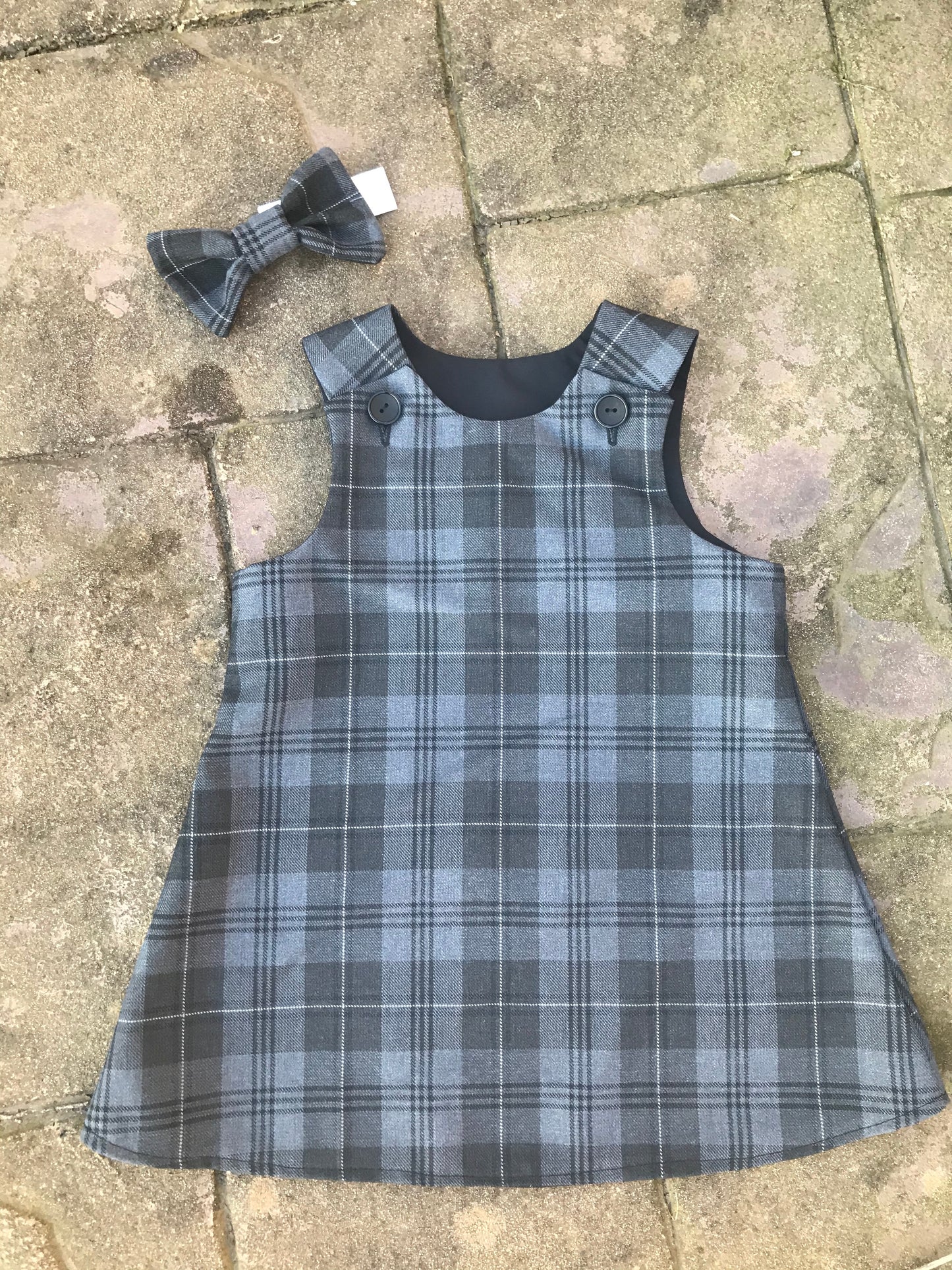 Grey Granite Tartan, Pinafore and Hair Bow Set